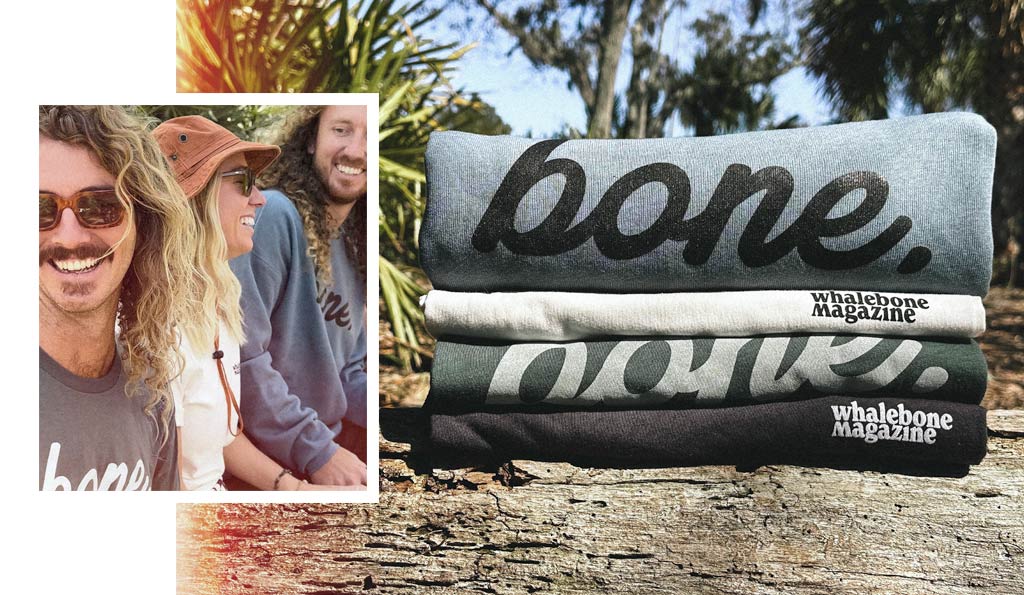 Two images layered over each other. The left image shows three smiling people wearing whalebone tshirts. The right image has shirts and sweatshirts folded and stacked on each other.