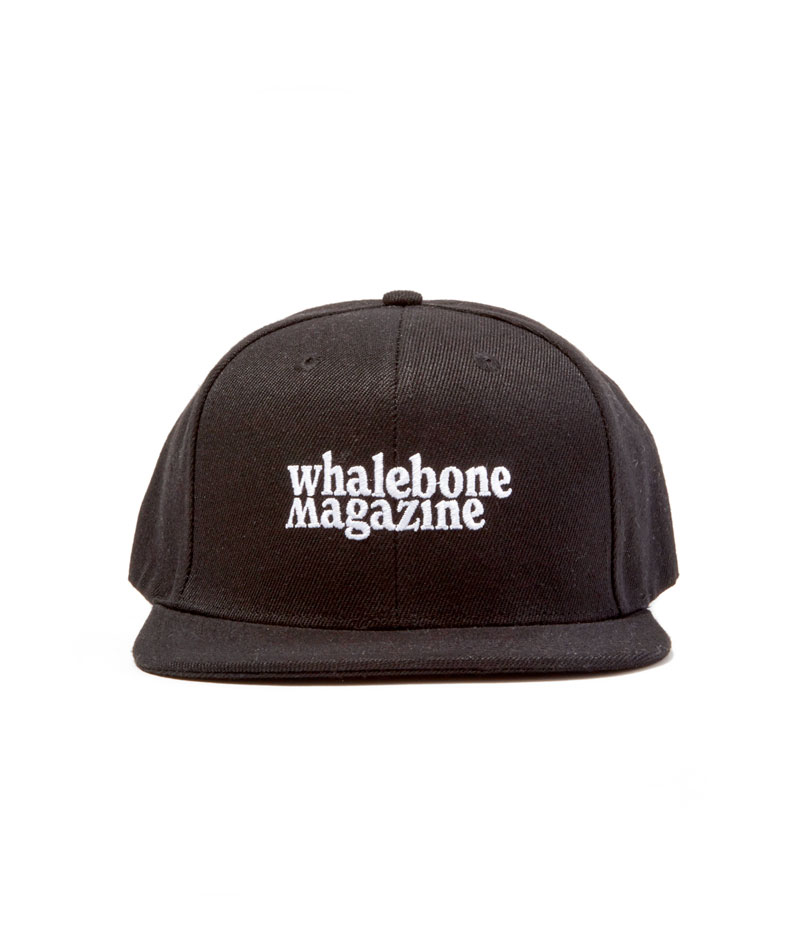 front view of a black whalebone magazine snapback hat 